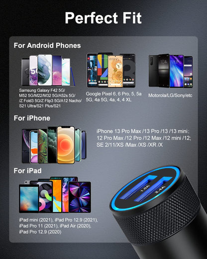 Car Charger, [2Pack/3.4A] Fast Charge Dual Port USB Cargador Carro Lighter Adapter for Iphone 15 14 13 12 11 Pro Max X XR XS 17 plus 16, Ipad, Samsung Galaxy S23 S22 S21 S25 plus S7 J7 S10E S9 Note 8